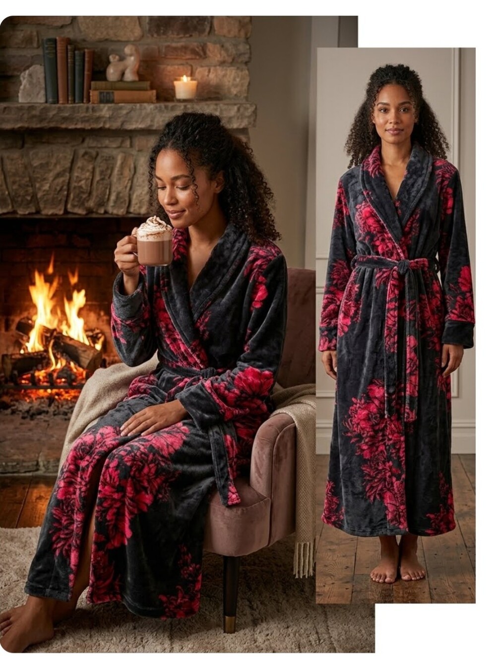 La Vie En Rose Black & Red Floral Plush Wrap Robe